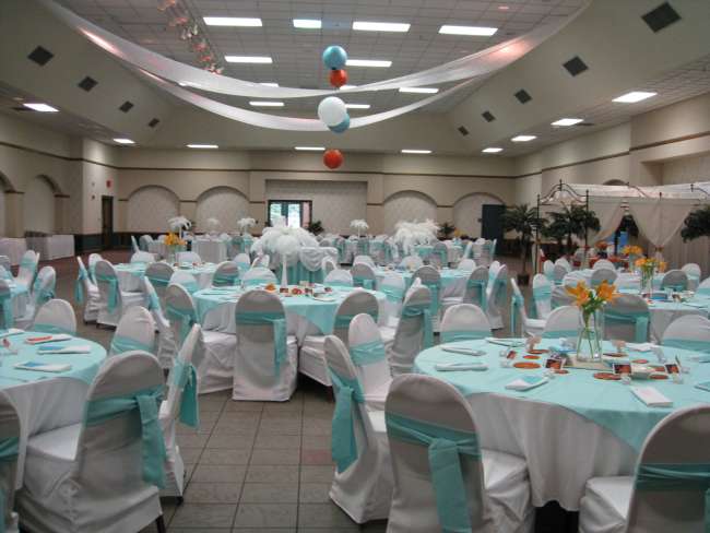 Turquoise, Orange & White Reception Tables