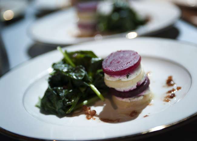 Beat & Parsnip Napoleon with Herbed Chevre and Melted Spinach