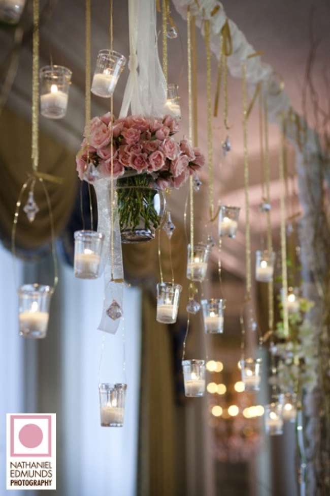 Decorations hanging from ballroom ceiling