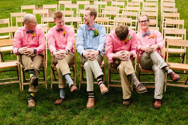 Casual Groom & Groomsmen in Plaid Shirts & Bowties
