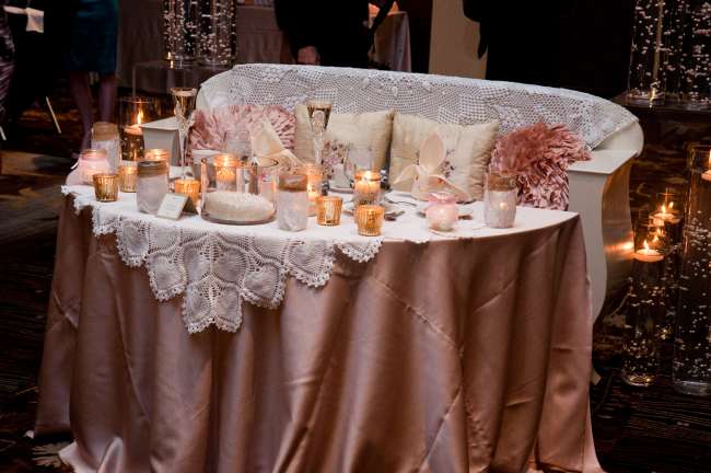 Blush loveseat and table