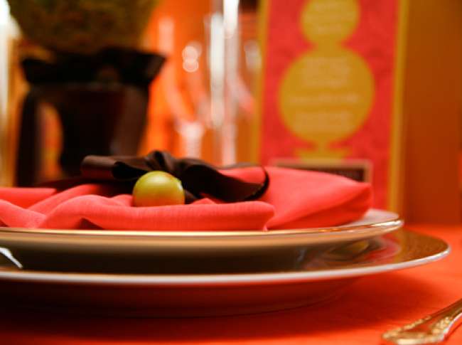 Coral and Gold Table Setting