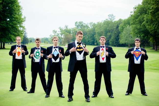 Groomsmen Reveal Superhero Shirts Under their Tuxes