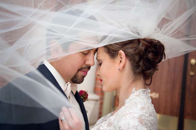 Bride & Groom Under Bride's Veil