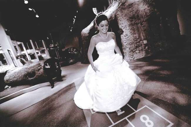 Bride playing hopscotch