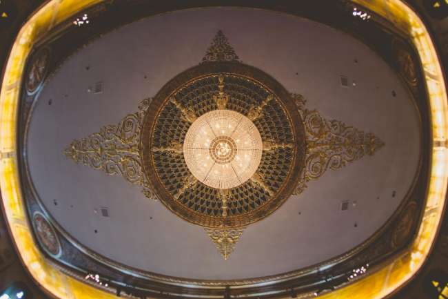 Ballroom crystal chandelier and exquisite ceiling