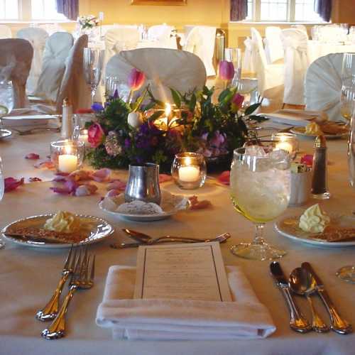 Palais Royale reception tablescape with pink tulip centerpieces
